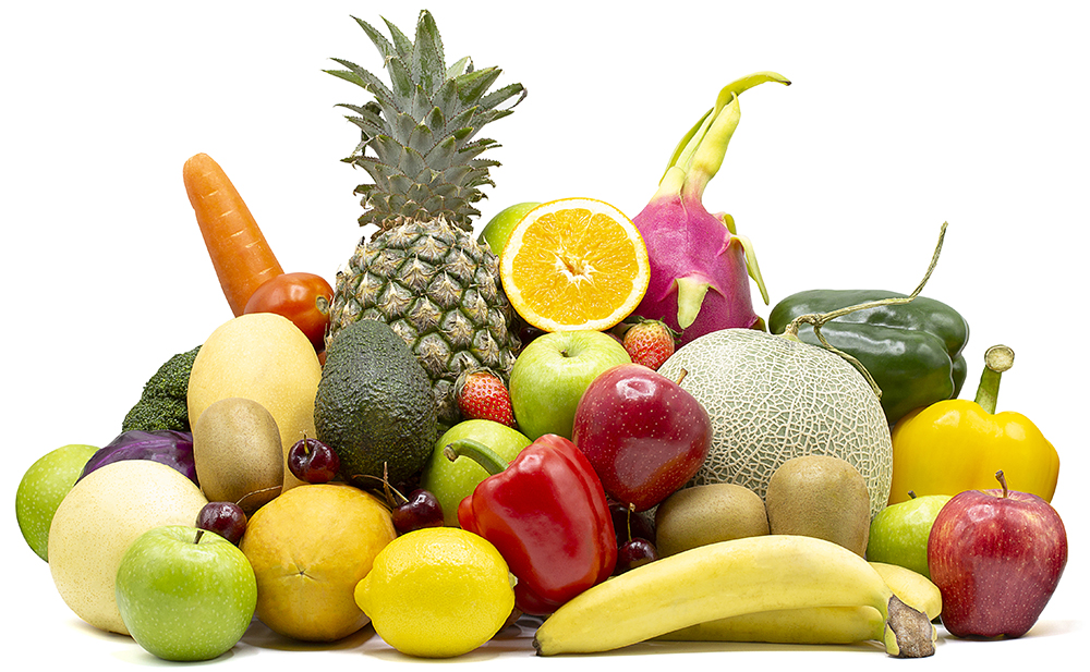 Fresh Vegetables And Fruits Isolated On White Background With Co