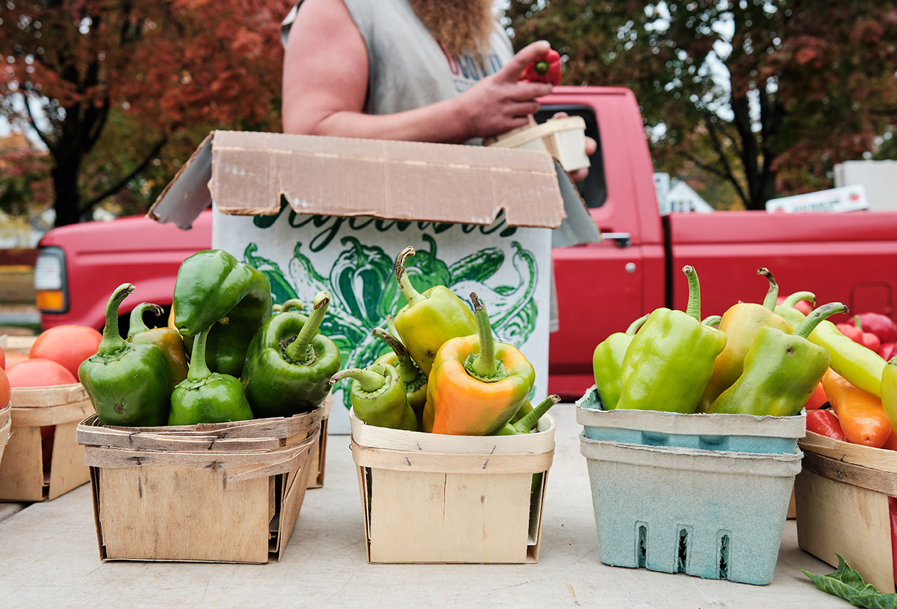 table full of vegetables. tomatoes, peppers, red peppers, green peppers. North End Farmers Market